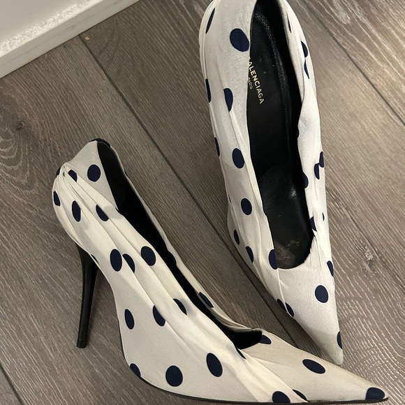 Balenciaga Knife Polka Dot Satin + Leather Pump Heels *BARELY WORN* - Picture 7 of 10